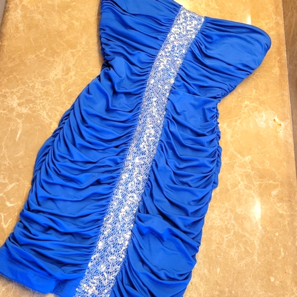XOXO strapless ruched bodycon dress with front center glamour detailing,  S - Picture 13 of 16